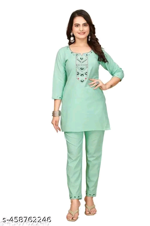 Zanies Off White Color Solid Tunic and Pant Set