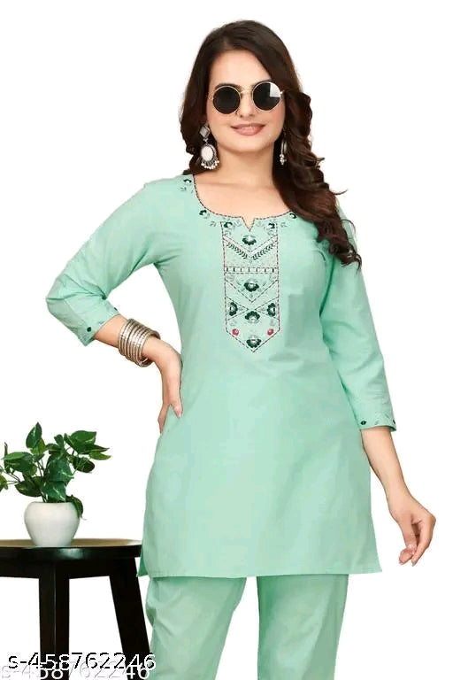 Zanies Off White Color Solid Tunic and Pant Set