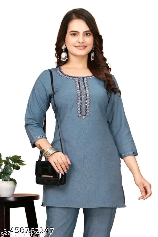 Zanies Off White Color Solid Tunic and Pant Set